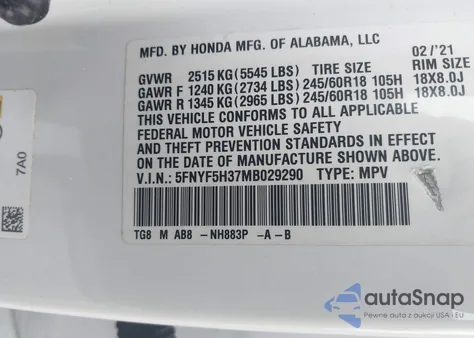 2021 Honda Pilot 2Wd Ex из США, поврежденный, VIN 5FNYF5H37MB029290